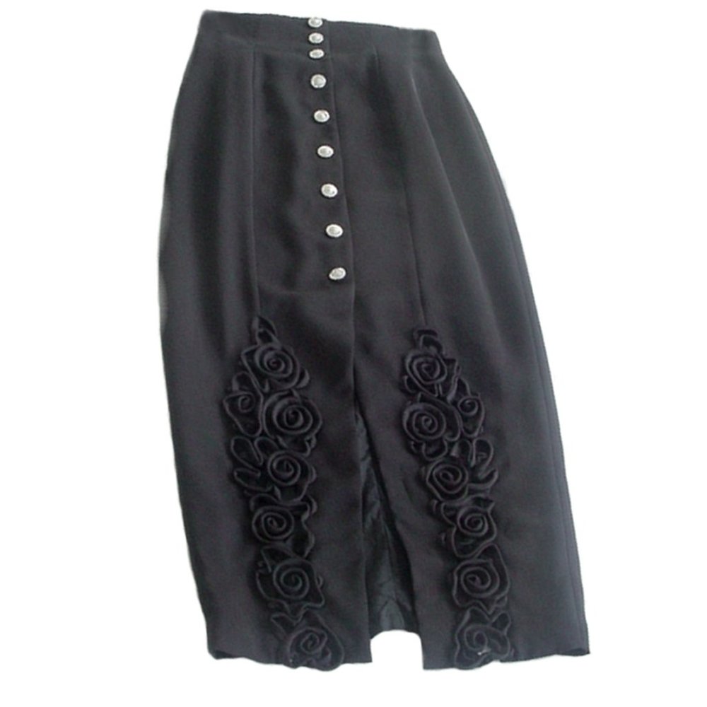 LONG BLACK DRESS SKIRT WITH PASSIMENTERIE TRIM SILVER BUTTONS SIZE M 25" WAIST